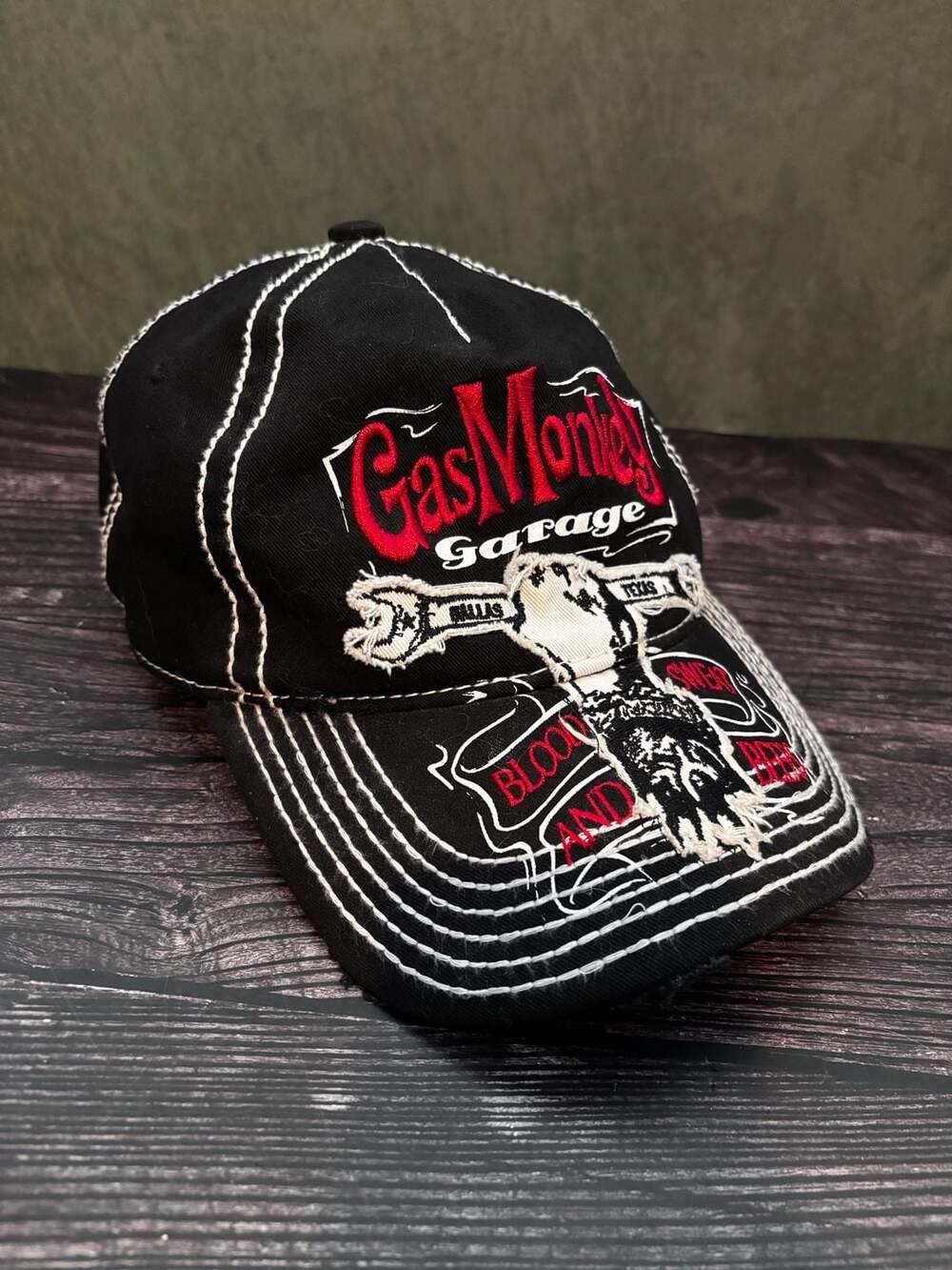 Gas Monkey Garage Baseball Cap Black Distressed Embroidered Adjustable Hat
